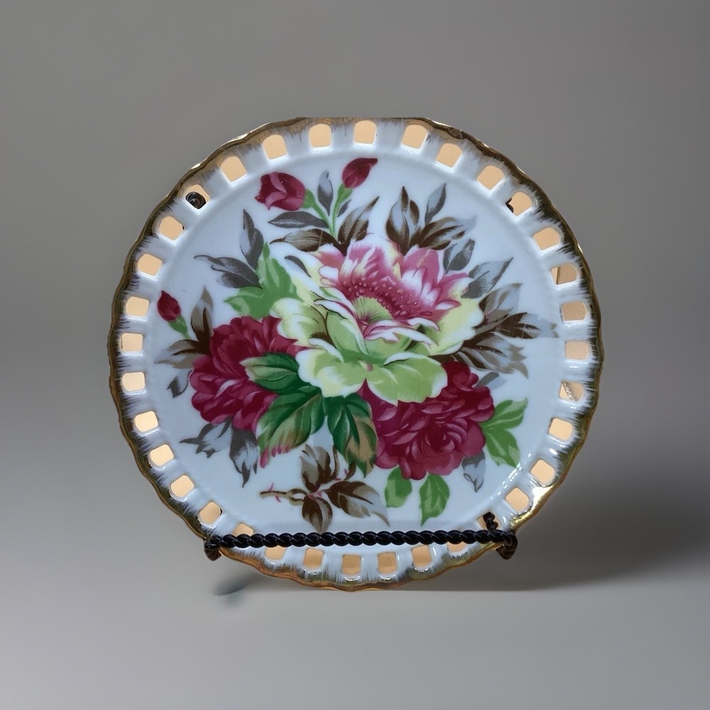 Vtg Norcrest Ceramic Decorative Wall Plate-Reticulated with‎ Pink Flowers-8"